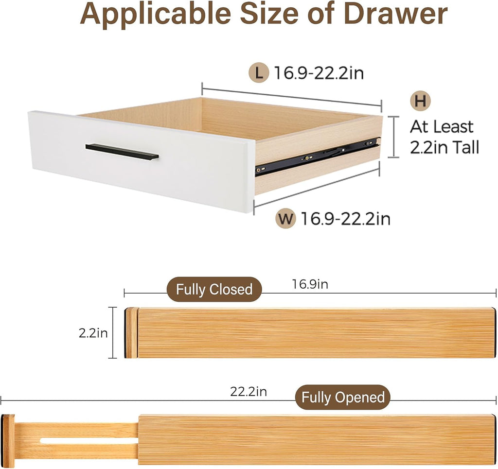 Bamboo Drawer Divider Set of 4, Adjustable Spring-Loaded Drawer Organizer (16.9"-22.2"), 2.3" Height, Suitable for