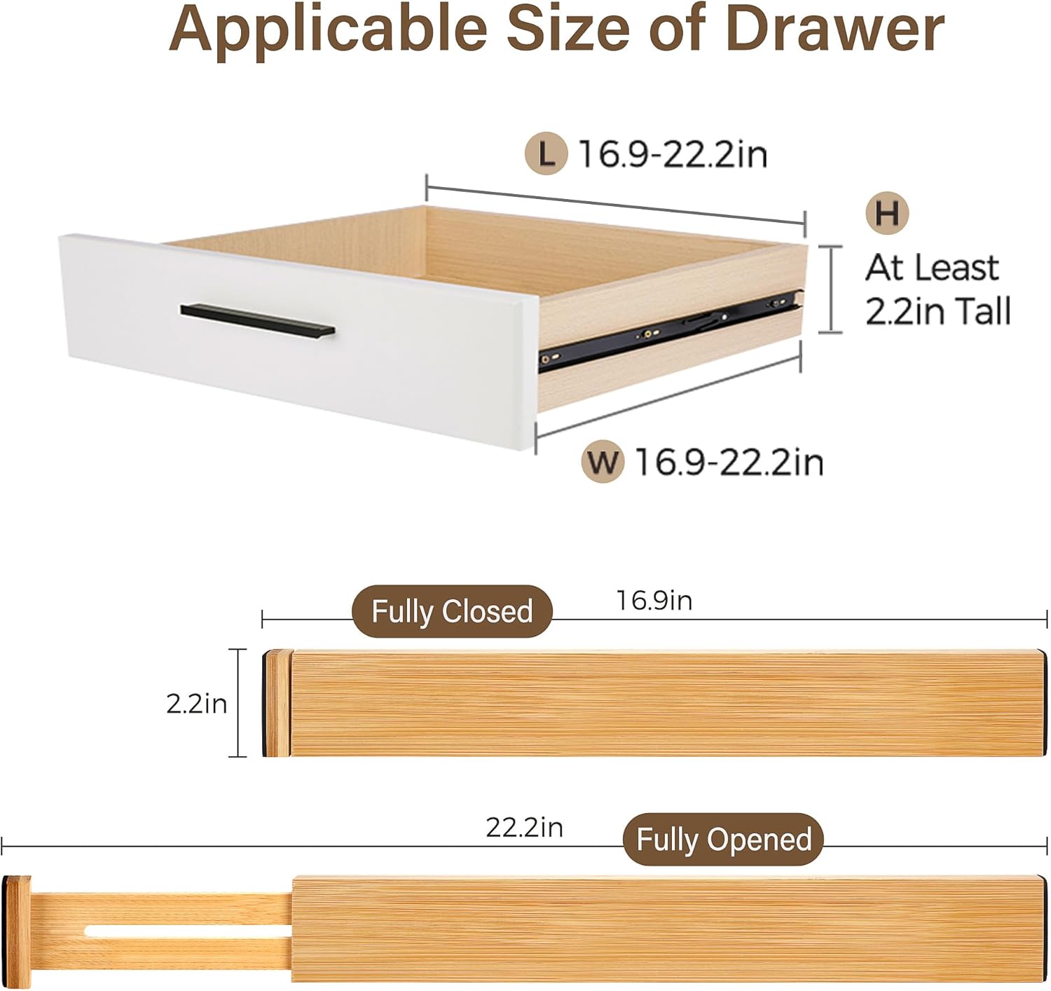 Bamboo Drawer Divider Set of 4, Adjustable Spring-Loaded Drawer Organizer (16.9"-22.2"), 2.3" Height, Suitable for