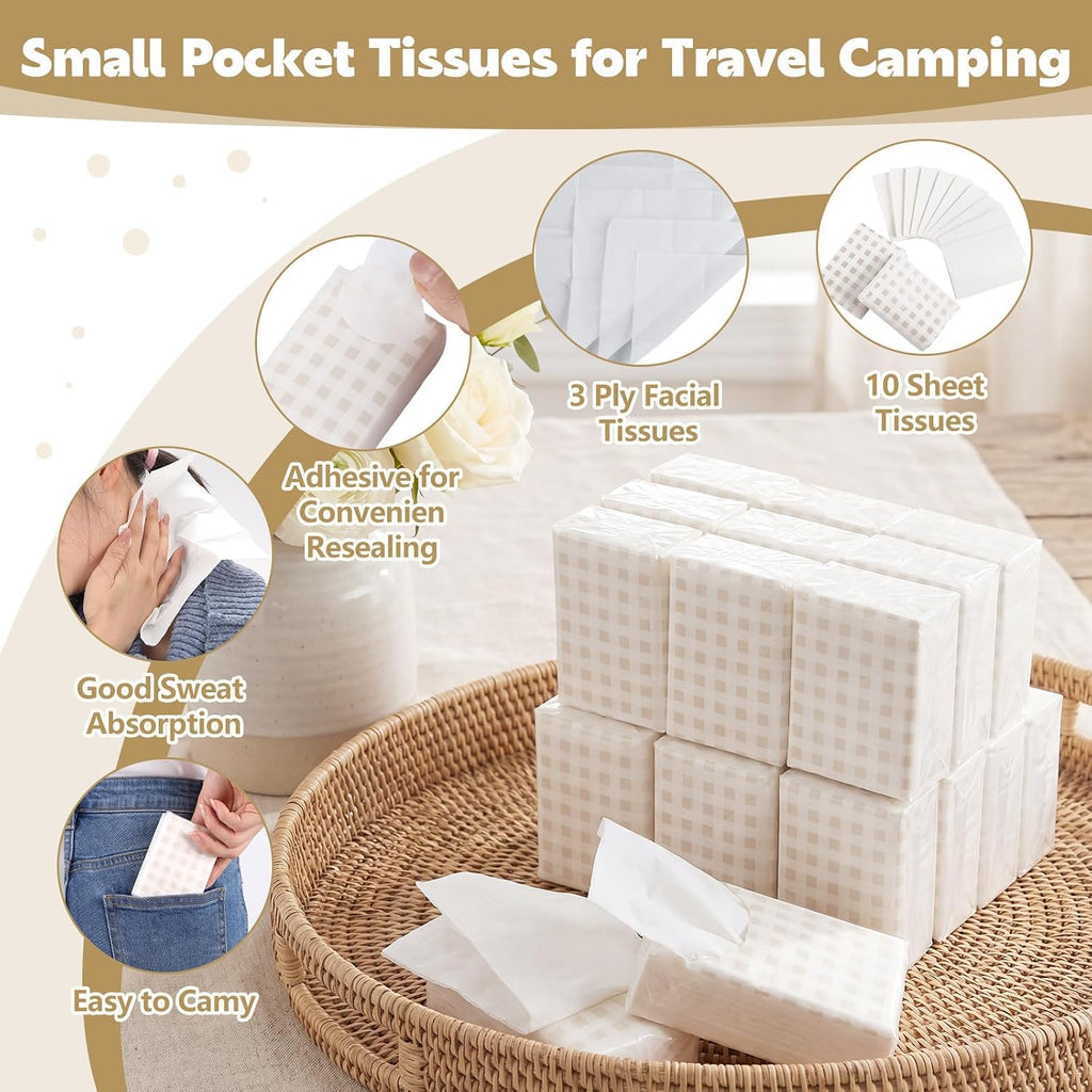50 Pack Pocket Tissues, 3 Ply Ivory Gingham Travel Tissues