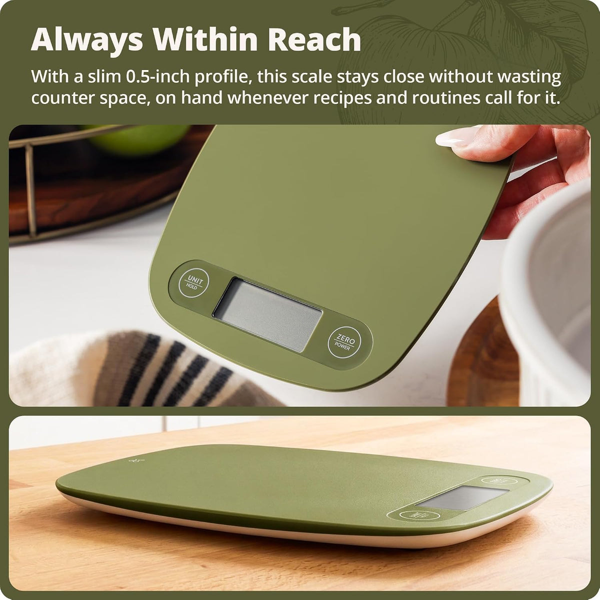 Food Scale, Slim & Compact Build, 1g Precision (Moss Green)