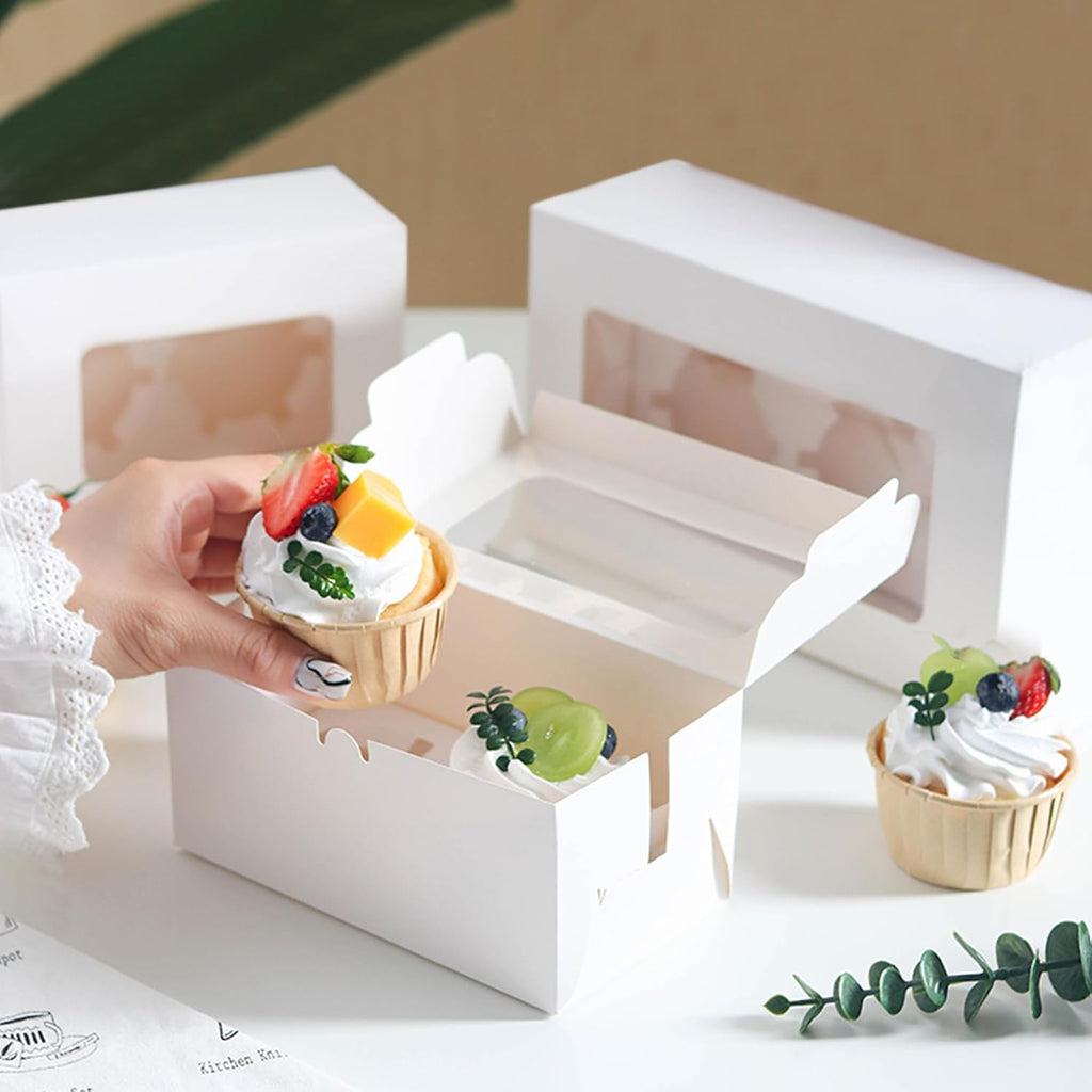 20 PCS White Paper Cupcake Boxes with 2 Cavity Cookie Gift Boxes with Clear Window 2 Treat Holder Cupcake Containers