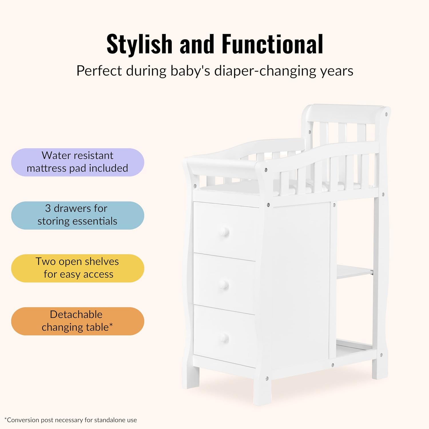 Jayden 4‑in‑1 Mini Convertible Baby Crib & Changer with Storage in White, Pinewood, GreenGuard Gold & BSA, 1”