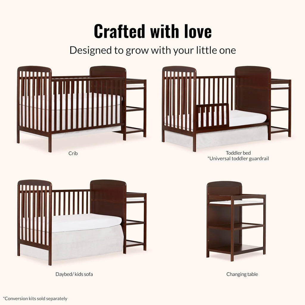 Anna 3-in-1 Full-Size Crib and Changing Table Combo in Espresso, Greenguard Gold Certified, Non-Toxic Finishes