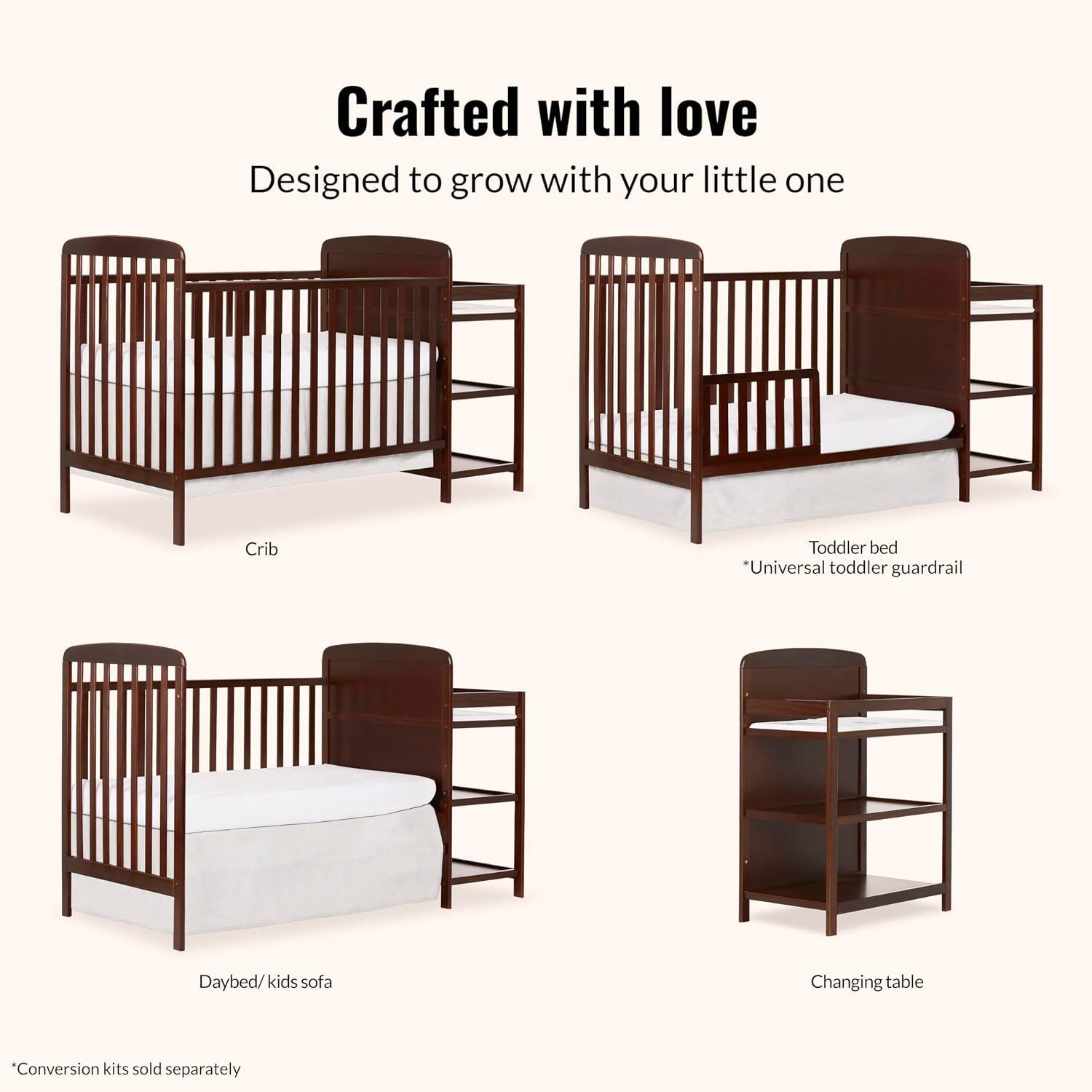 Anna 3-in-1 Full-Size Crib and Changing Table Combo in Espresso, Greenguard Gold Certified, Non-Toxic Finishes