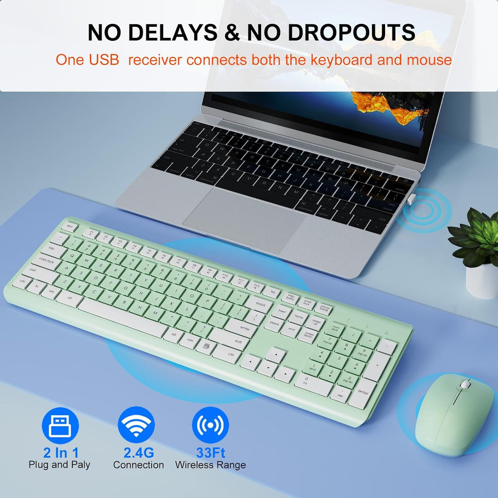 Wireless Keyboard and Mouse Combo, Full-Size Silent Ergonomic Keyboard and Optical Mouse, Long Battery Life, 2.4G