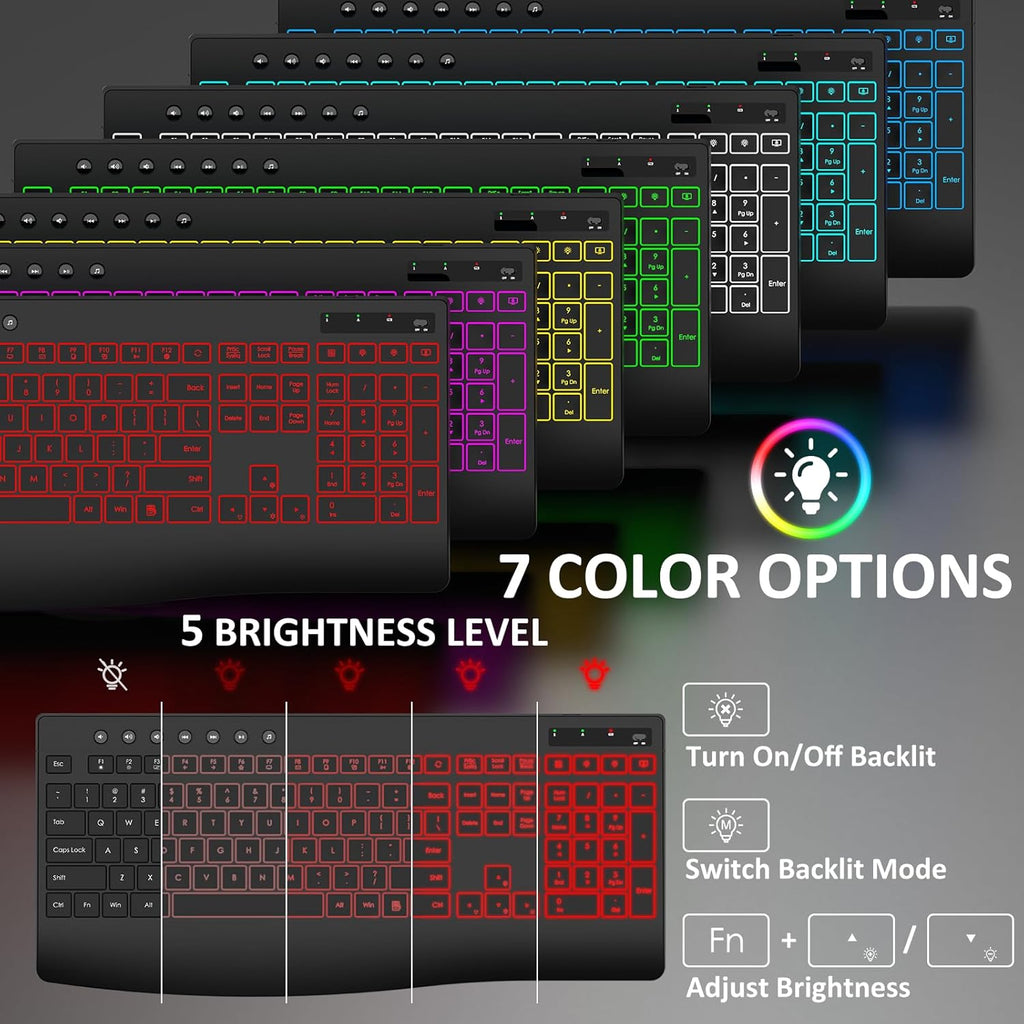 Wireless Keyboard and Mouse Combo, 9 Backlit Effects, 4000mAh Rechargeable Backlit Keyboard with Wrist Rest, 6 Button