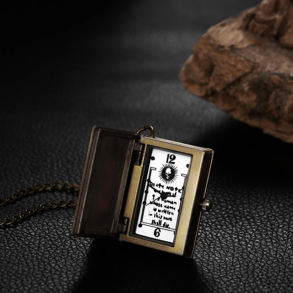 Pocket Watches for Men: Vintage Death Note Bronze Skull Dial Quartz Halloween Notebook Locket Pendant Square Case
