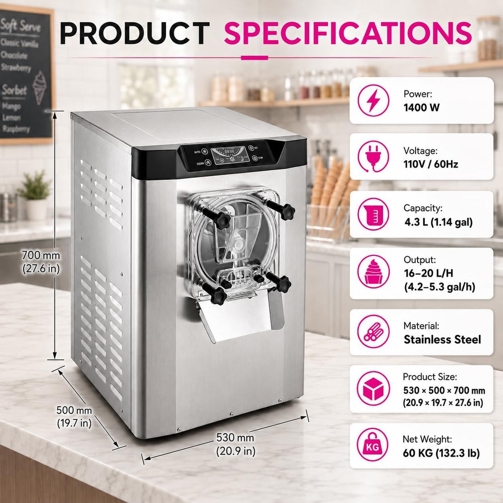 Commercial Ice Cream Machine, Hard Serve, 1400W, 16-20 L/H