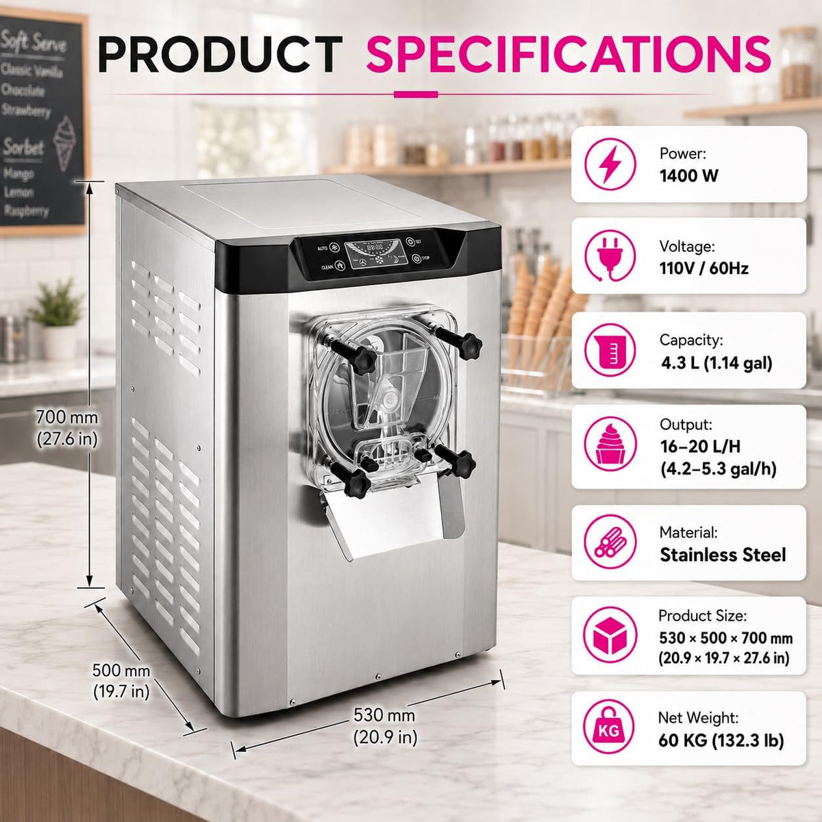 Commercial Ice Cream Machine, Hard Serve, 1400W, 16-20 L/H