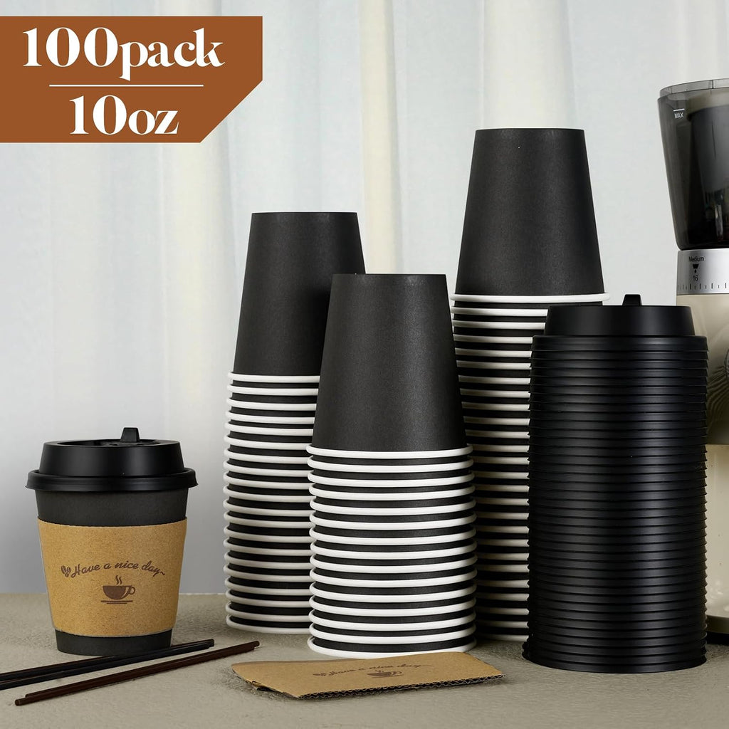 100 Pack 10 oz Coffee Cups with Lids, Disposable Coffee Cups