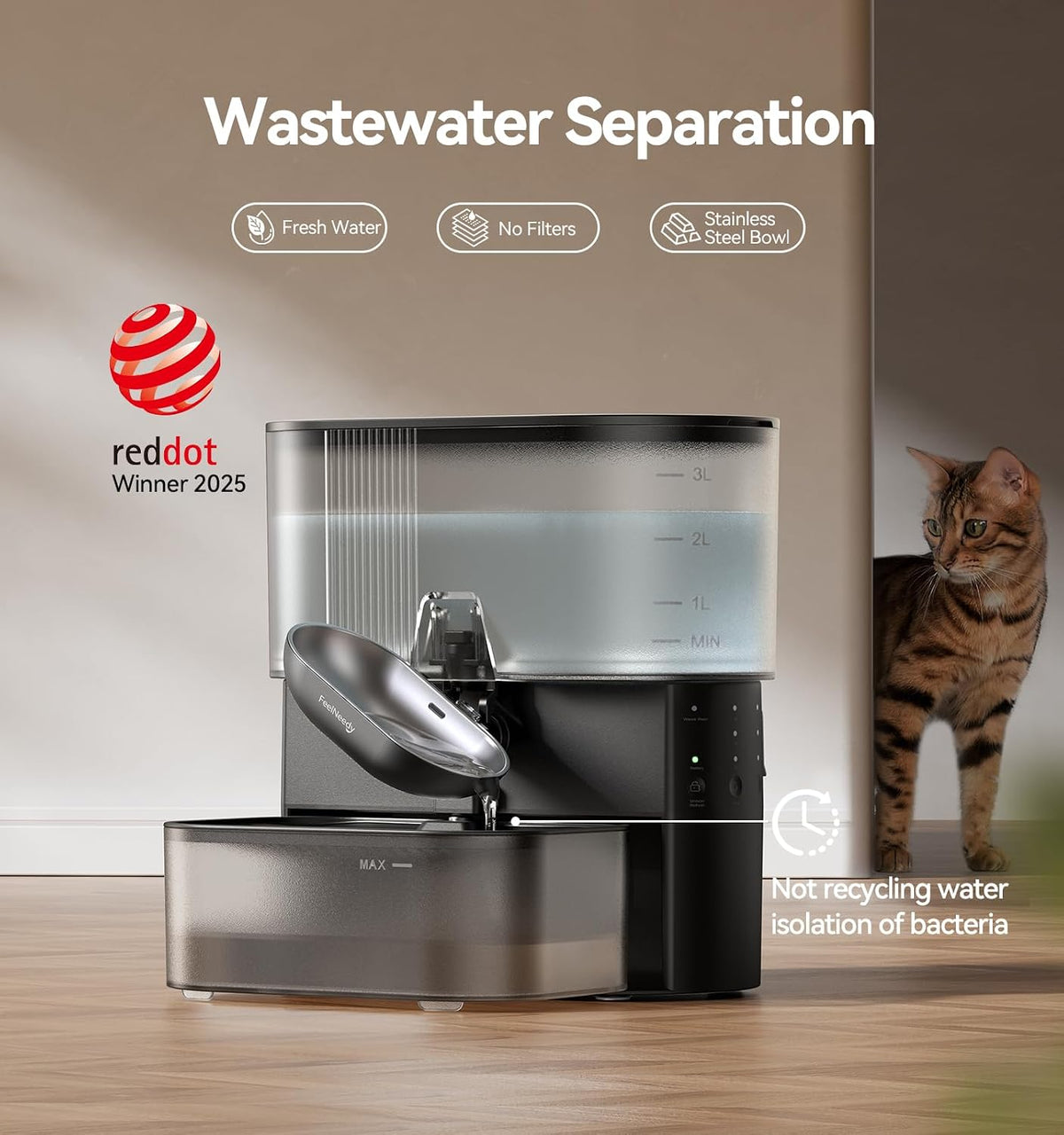 Wireless Cat Water Fountain No Filters, Wastewater Separation, FEELNEEDY Stainless Steel Bowl, 3.5L Pet Water