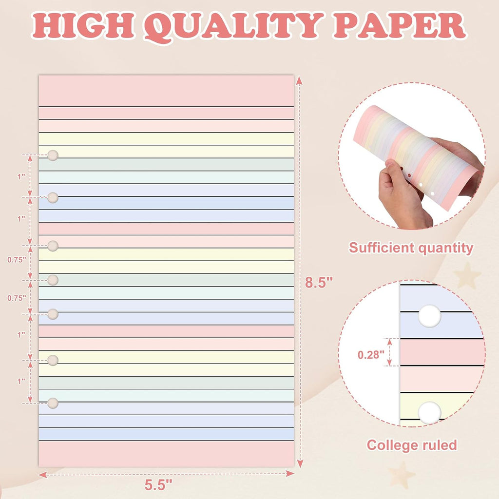 Colored Loose Leaf Paper 5.5" x 8.5" 7-Hole Lined Filler Paper College Ruled Notebook Refill Pad Pastel Colored Lined