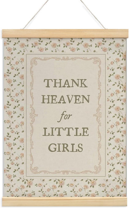Vintage Nursery Decor Girl Baby Wall Art Poster Hanger Frame, Thank Heaven for Little Girls Quotes Wall Decor