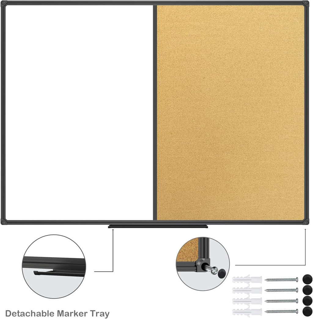 White Board & Bulletin Corkboard Combination, Combo Board 48 x 36 Magnetic Whiteboard, Black Aluminum Frame Wall
