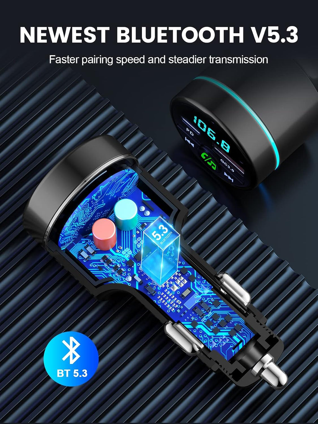 FM Transmitter for Car Bluetooth 5.3, [All-Metal] PD 30W & QC3.0 18W Fast Car Charger, Wireless FM Radio Kit