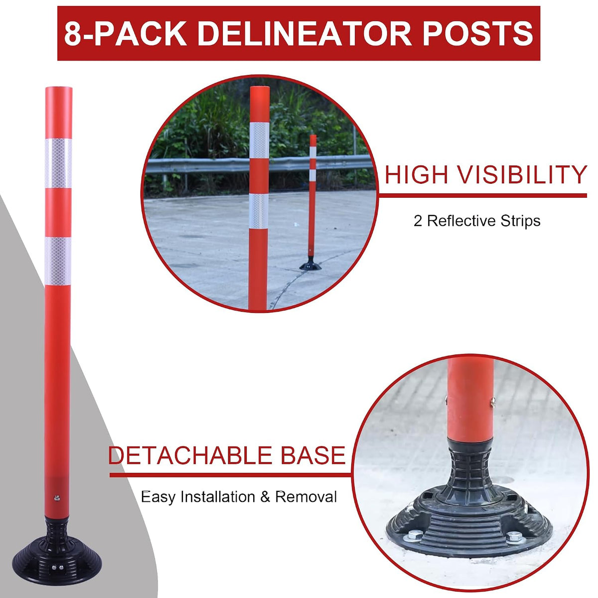 48" Orange Traffic Delineator Cones 8-Pack Safety Post Cones | Fixed Spring Base for Road Safety, Parking Lot