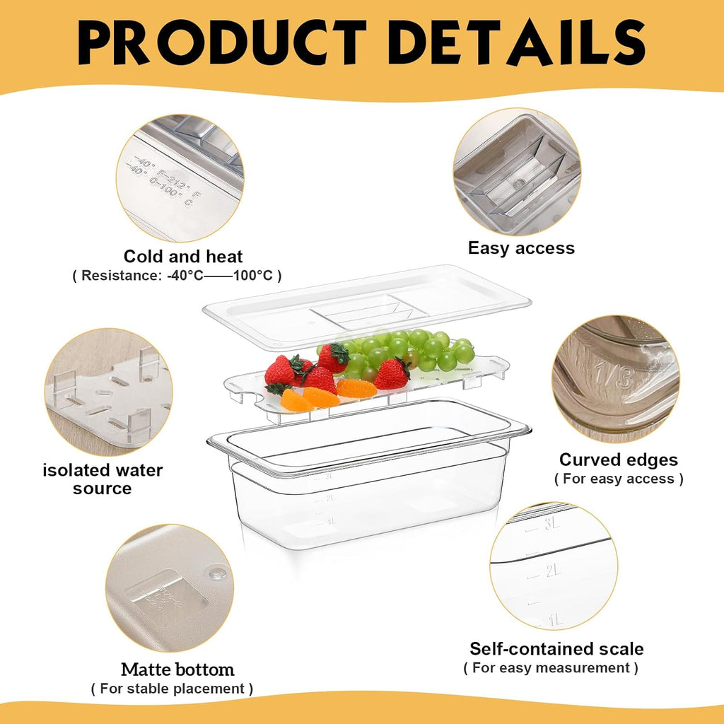 6 Set 1/3 Size Polycarbonate Food Pans with Lids Drain Shelf Clear