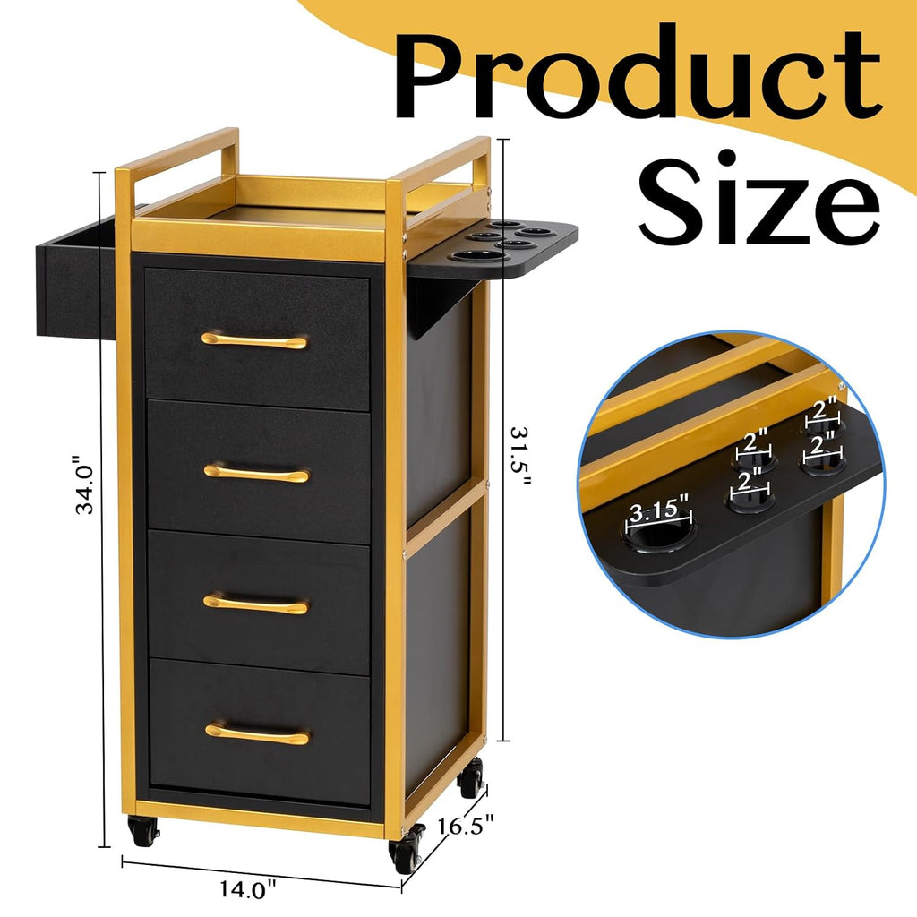 Beauty Salon Trolley Cart w/4 Drawer, 5 Tool Holders, Black & Gold | Lockable Salon Cabinet with 360° Wheels, Mobile