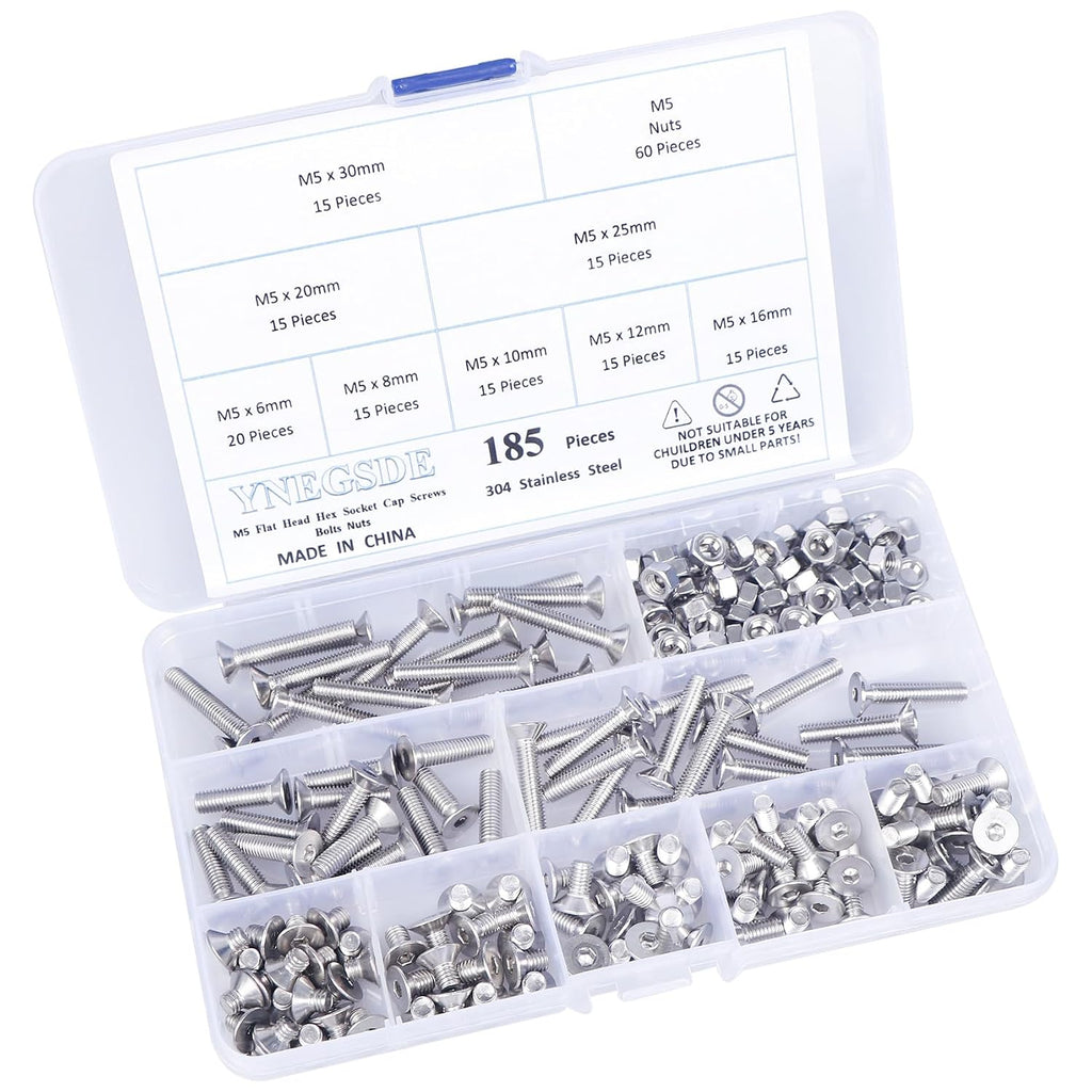 M5 Flat Head Socket Cap Screw Kit, Countersunk Allen Bolts and Hex Nuts