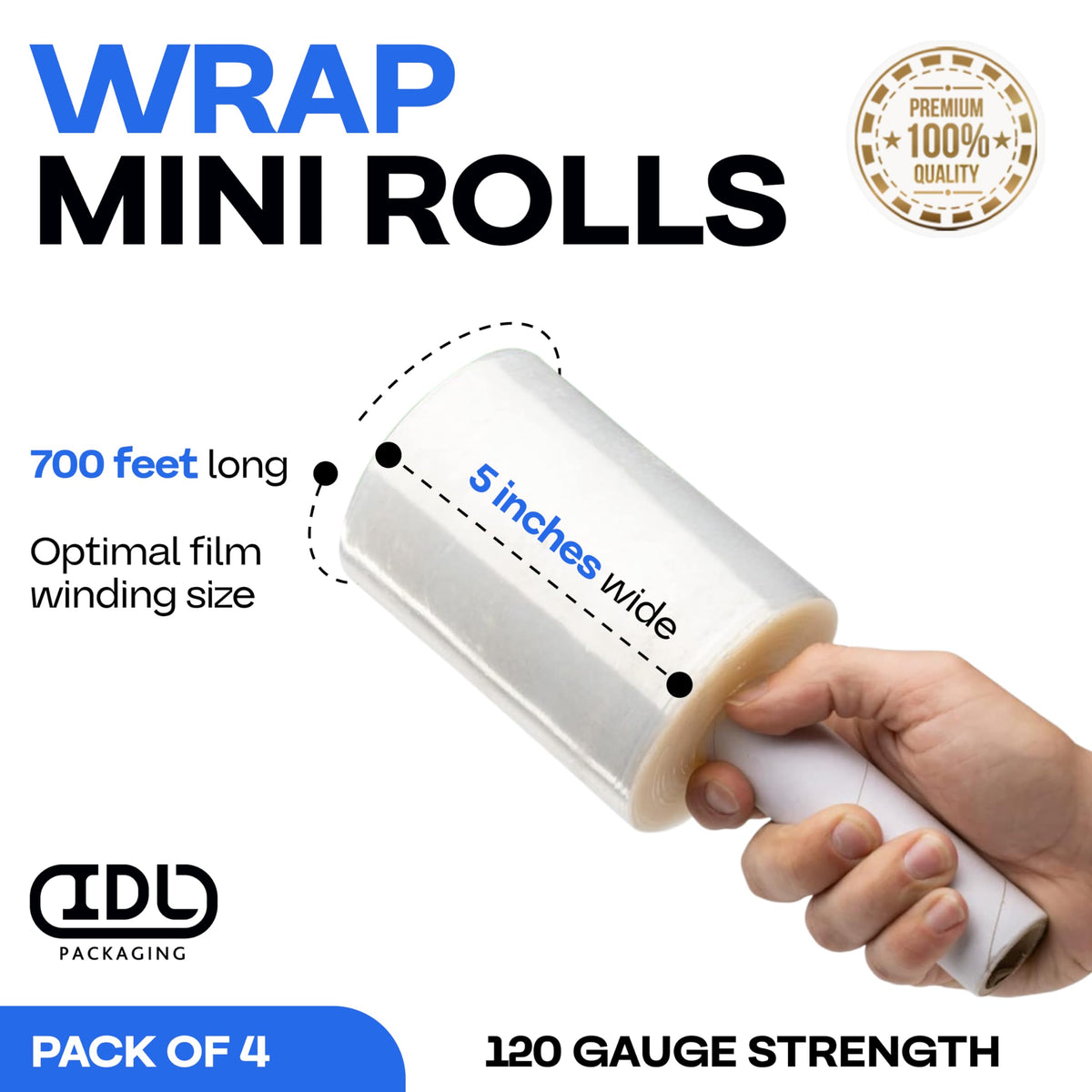 5" x 700' Stretch Wrap Mini Roll, 120 Ga (4-Pack) - USA-Made
