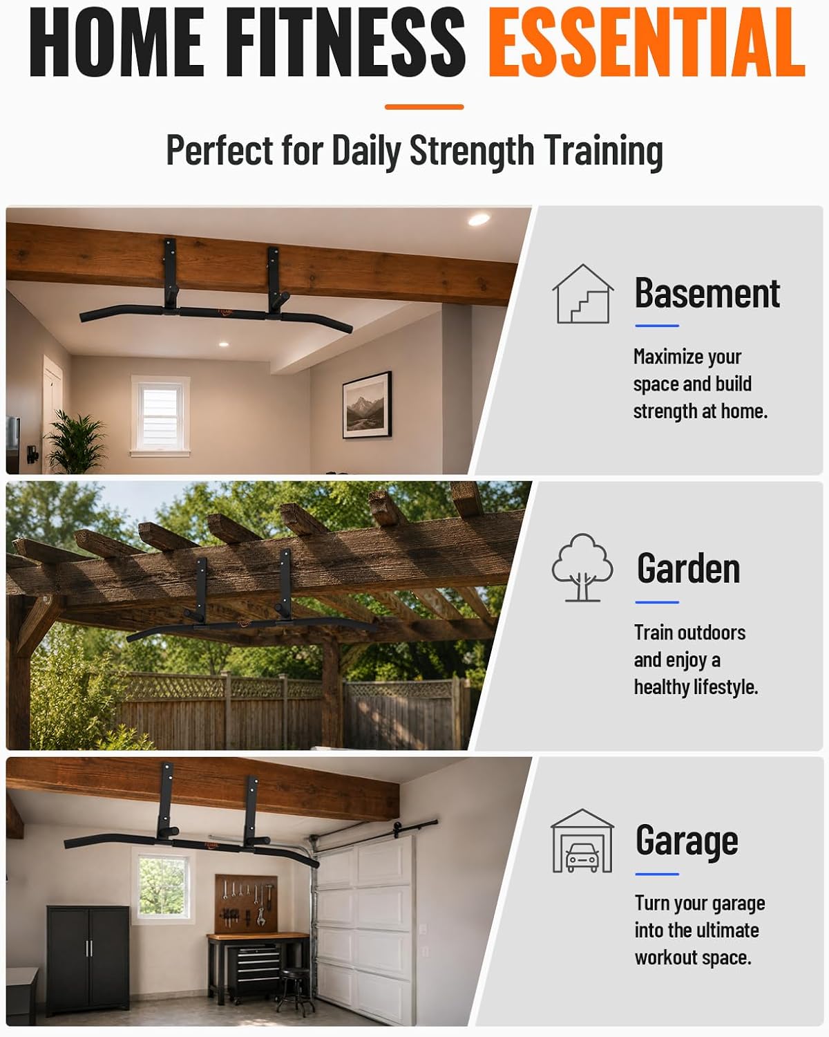 Joist Mount Pull Up Bar, Wall Mount Pull Up Bar for Doorway | Home Gym Workout Equipment, Heavy Duty Steel Construction