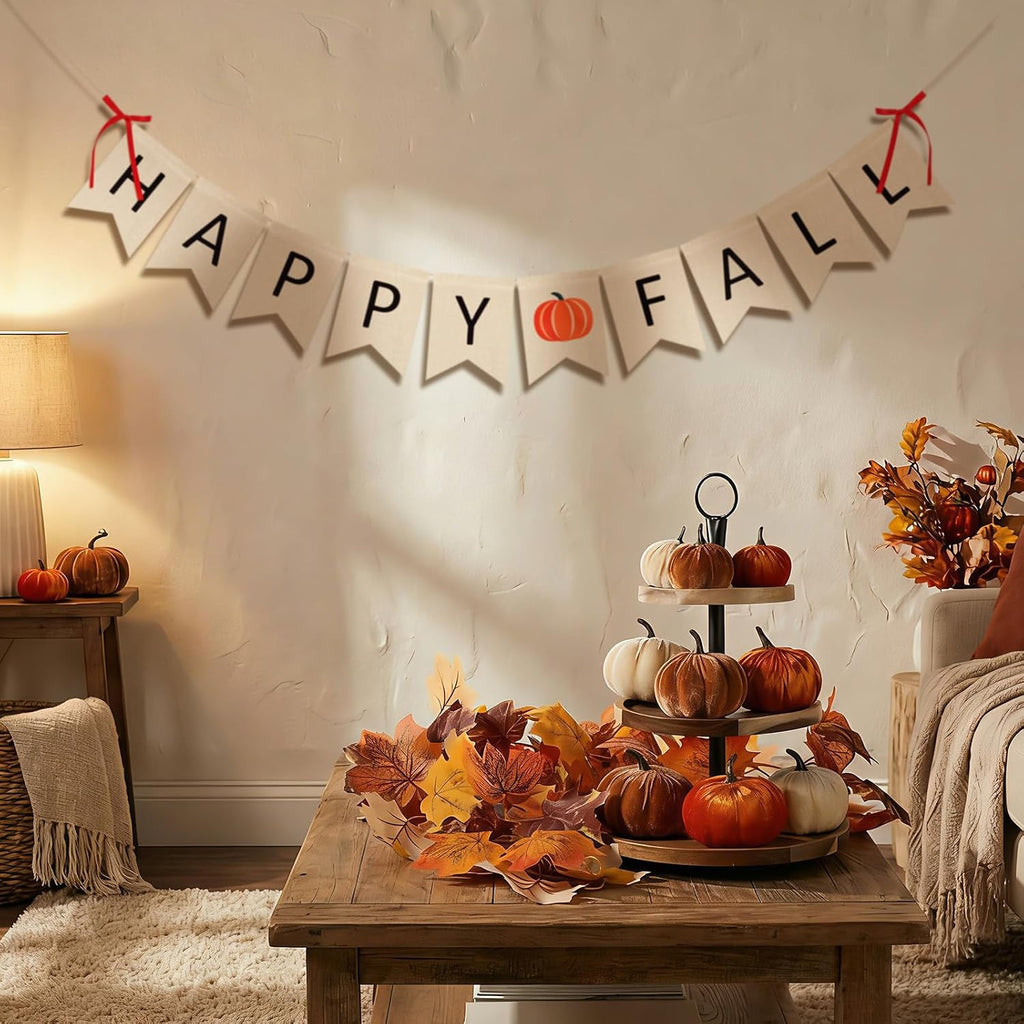13 Pcs Fall Decorations Set, Happy Fall Banner with Bow Accents, Maple Leaf Garland and 9 Felt Pumpkins, Autumn