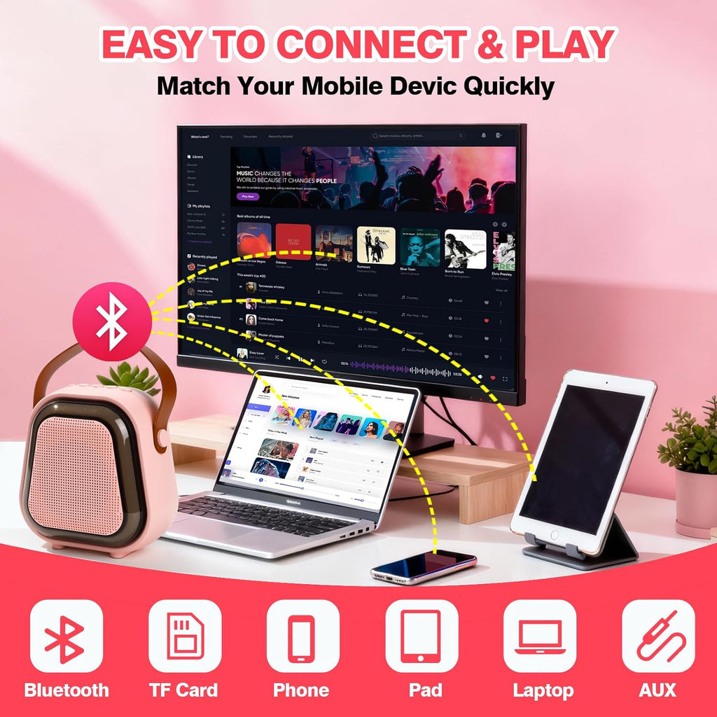 Mini Karaoke Machine for Kids, Karaoke Speaker with LED Lights, Portable Bluetooth Entertainment System with 2