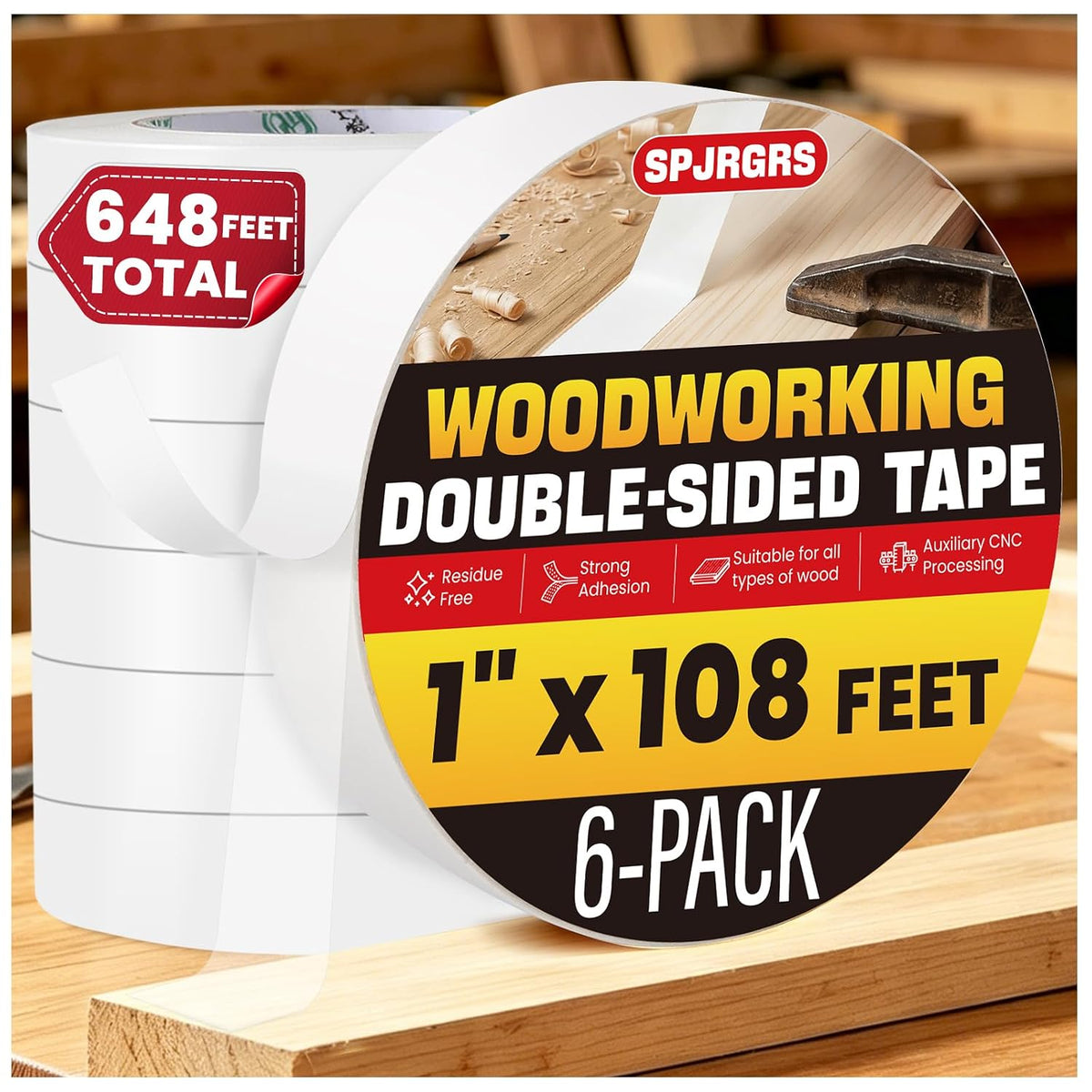 Double Sided Woodworking Tape 1IN x 648 Ft (6 Pack) Residue-Free