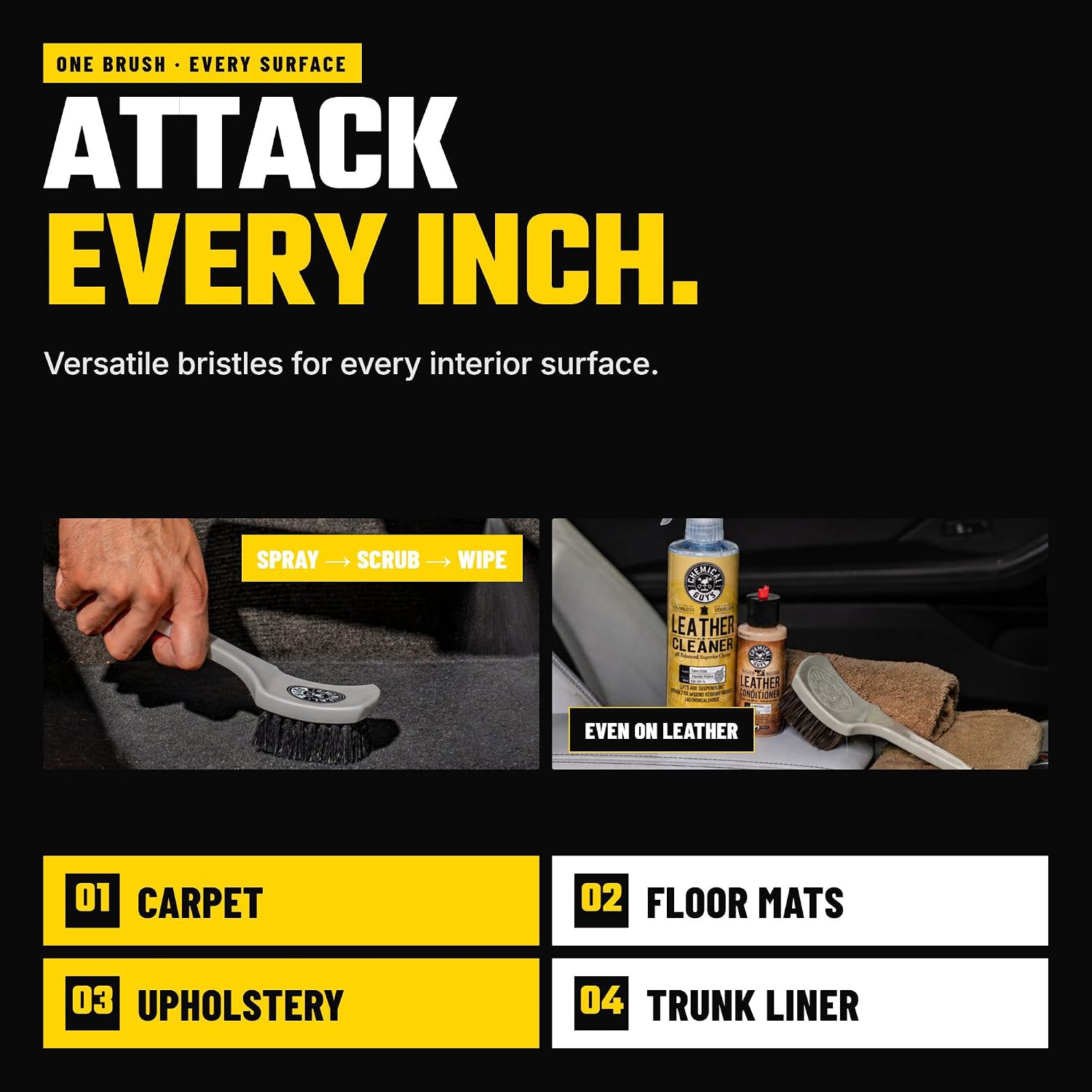 The Nifty Interior Detailing Brush for Carpet & Upholstery | Synthetic bristles and a short ergonomic handle scrub