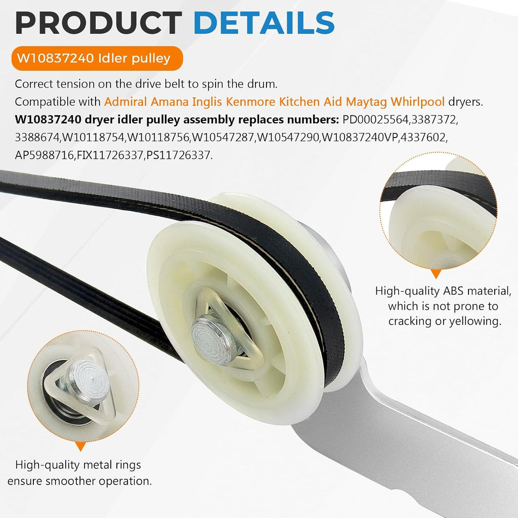 2026 Upgraded 661570V 661570 & 279640 & W10837240 Dryer Drum Belt Idler Pulley and Pulley Kit Fit for Whirlpool