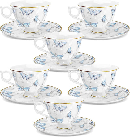 6oz British Blue Butterflies Porcelain Tea Cup and Saucer Set of 6
