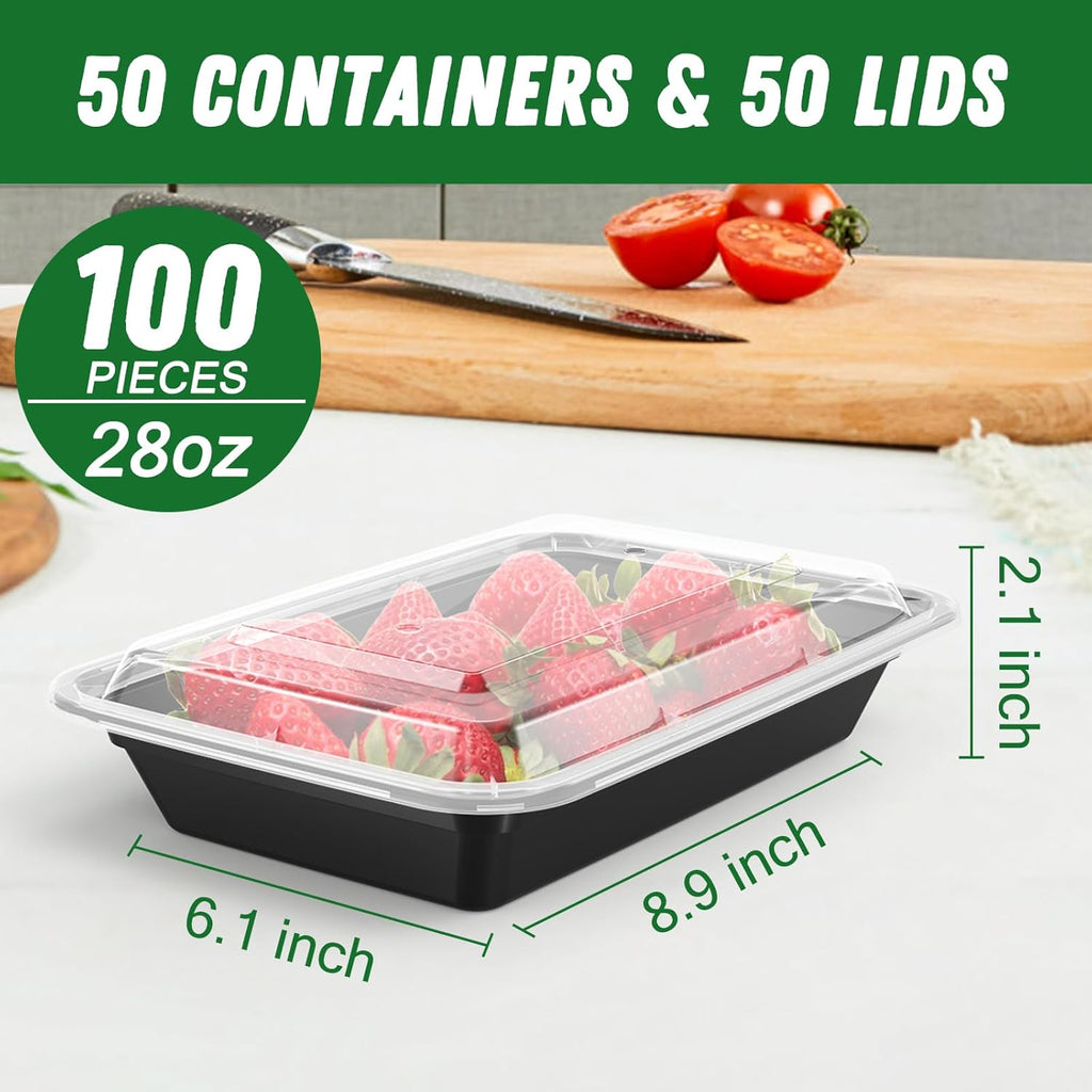 50 Pack (100-Piece) 28 oz Meal Prep Containers Reusable with Lids