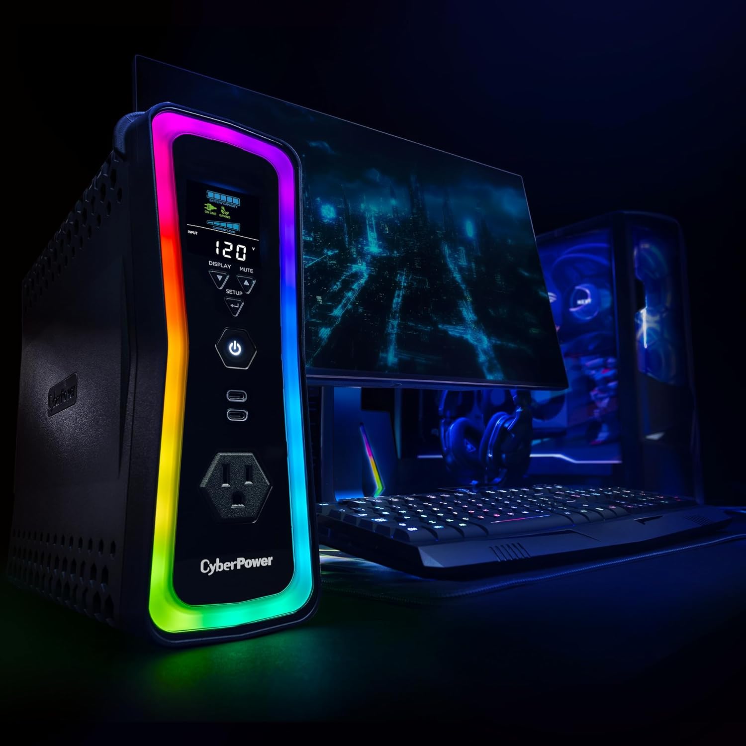 GX150C2-E Gaming UPS Battery Backup and Surge Protector | 1500VA/1000W, RGB Lighting, 13 Outlets, USB‑C Charging, UL
