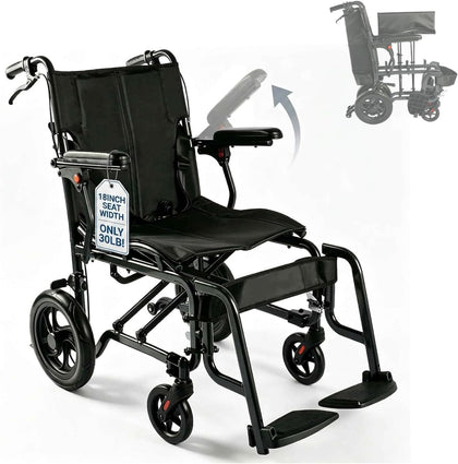 Transport Wheelchair Lightweight Foldable for Adults Seniors 18" Seat Black