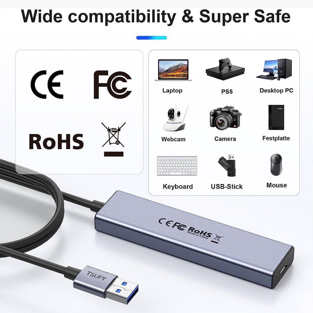 USB 3.0 HUB, TSUPY USB Splitter with 5 USB Ports and 4ft Extended Cable,Ultra-Slim Aluminium Data Hub Multi USB 3.0