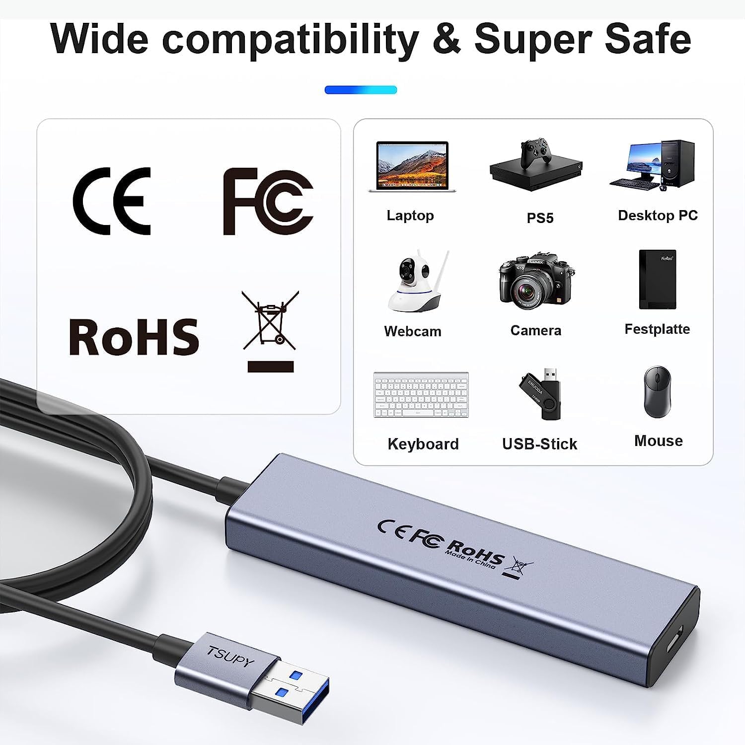 USB 3.0 HUB, TSUPY USB Splitter with 5 USB Ports and 4ft Extended Cable,Ultra-Slim Aluminium Data Hub Multi USB 3.0