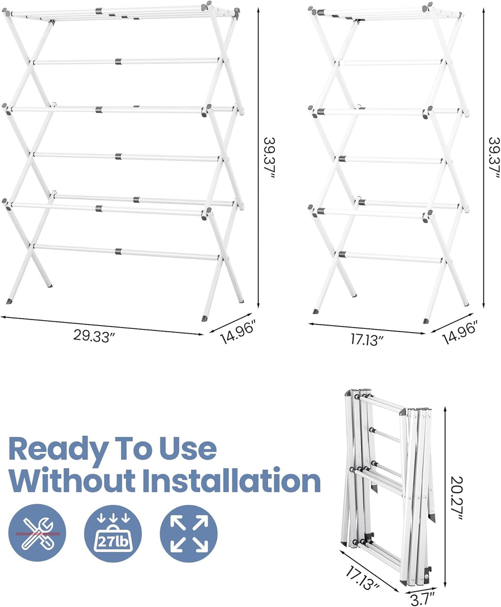 Oversize 3-Tier Clothes Drying Rack, No Install, White | Expandable Design, Non-slip feet, Tool-free Setup, Rust