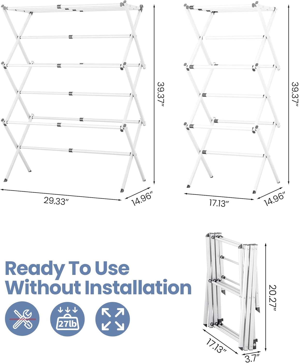Oversize 3-Tier Clothes Drying Rack, No Install, White | Expandable Design, Non-slip feet, Tool-free Setup, Rust