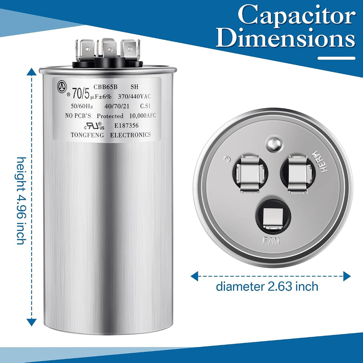 Umigy 2 Pack 70/5 uF 70+5 MFD 370/440VAC Dual Run Round Capacitor