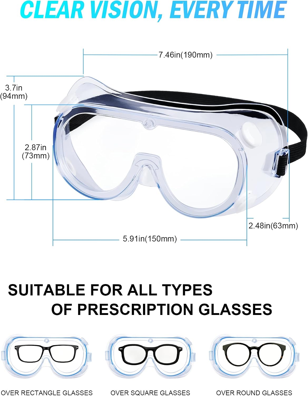 Safety Goggles Over Glasses, Anti Fog Protective Eyewear for Lab | Roomy frame fits most prescription glasses