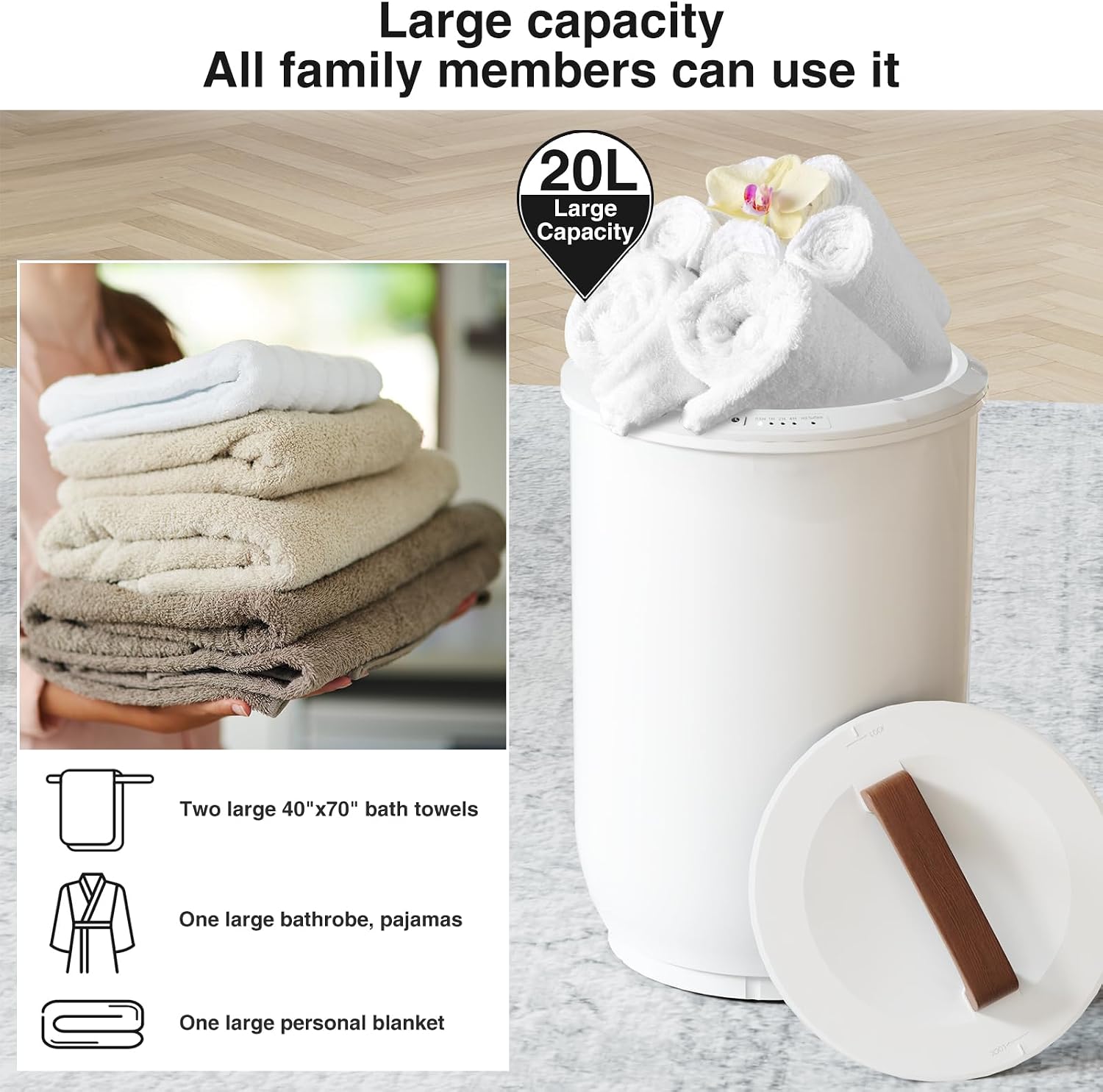 Heated Towel Warmers for Bathroom - Large Towel Warmer Bucket, Wood Handle, Auto Shut Off, Fits Up to Two 40"X70"