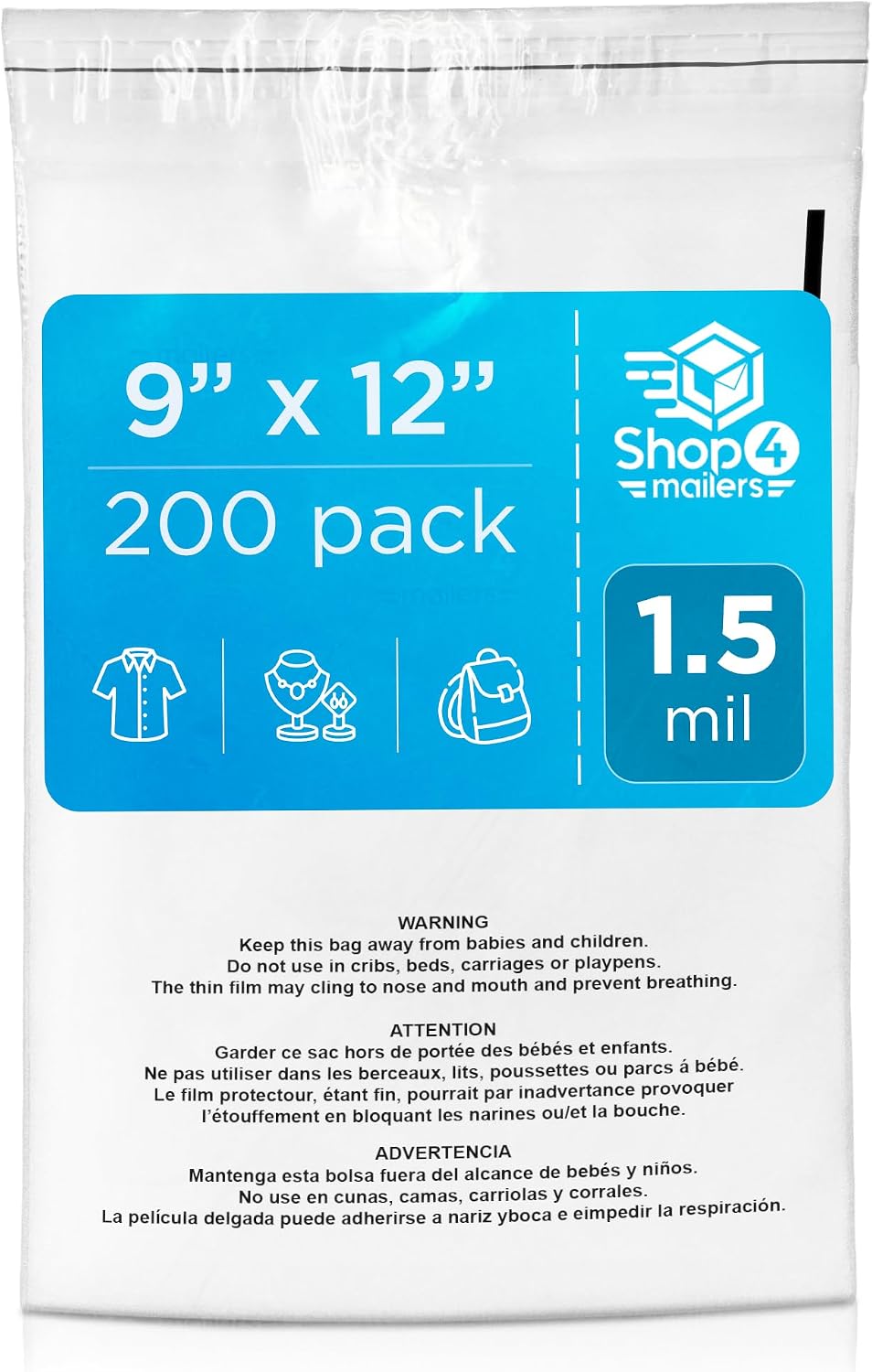 200 Count 9x12 Clear Poly Bags with Suffocation Warning, 1.5 Mil
