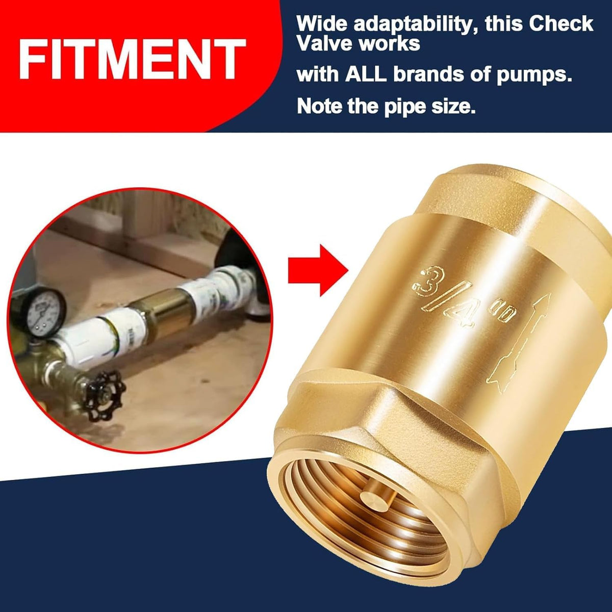 2 Pcs 3/4 NPT Thread Spring Check Valve, Brass Non Return One Way Valve Horizontal Vertical Inline Water Spring Check Valve for Well, Pump, Tank, Backflow Prevention 2 Pack