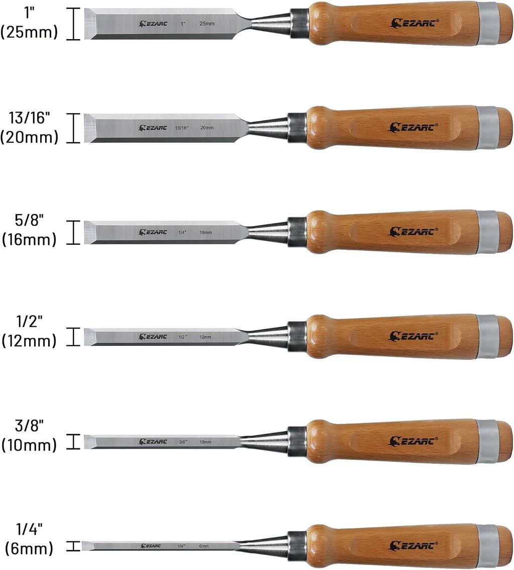 Wood Chisel Set, 6PCS 1/4-1 Inch CR-V Chisels with Wooden Case | Woodworking Carving Chisel Kit, CR-V Steel HRC60