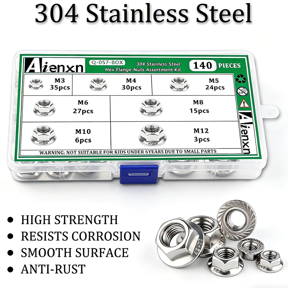 140PCS Hex Flange Nuts Assortment, 304 SS, 7 Metric Sizes M3-M12