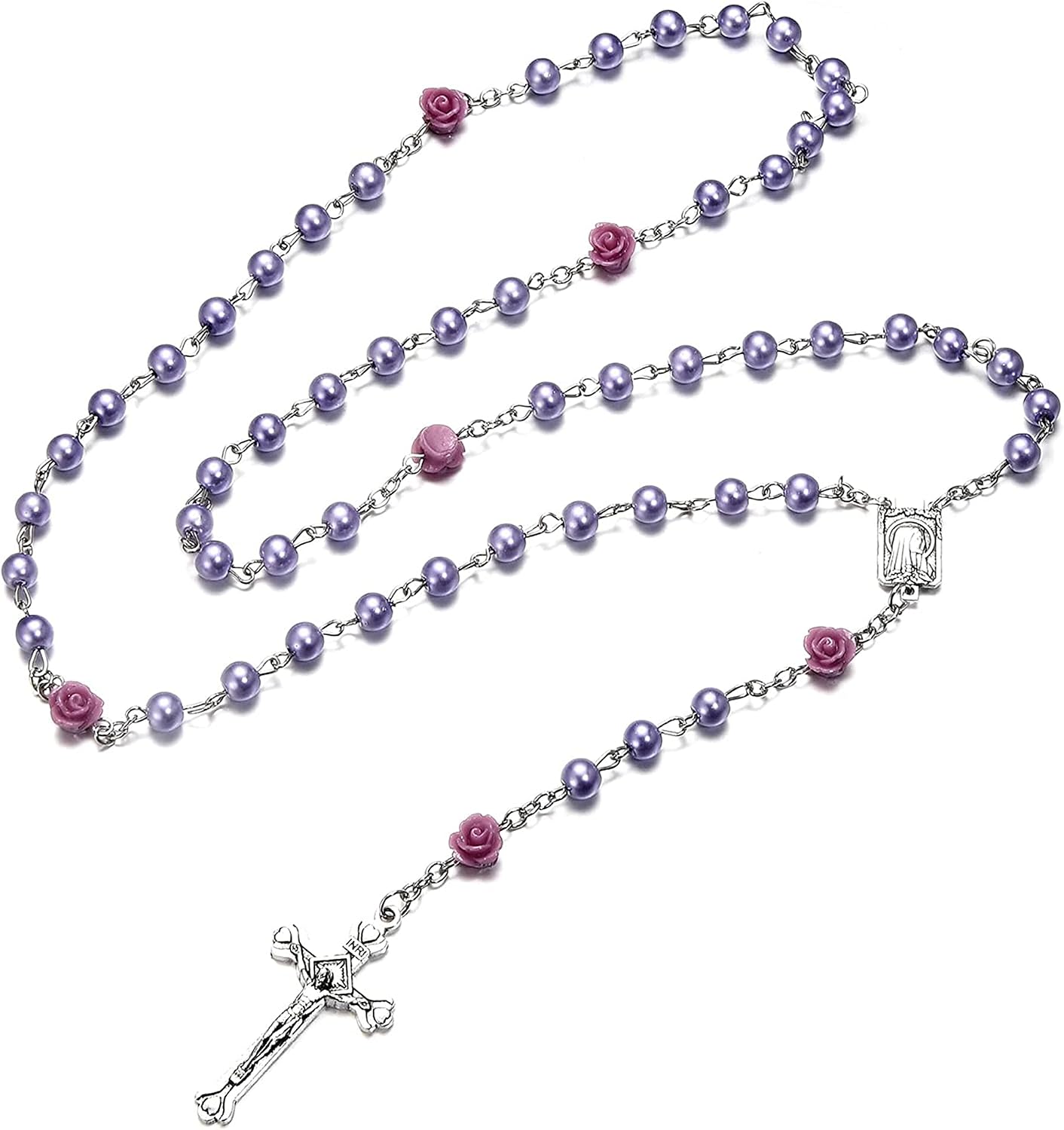 Rosary Beads Catholic Necklace Holy Soil Medal Cross Crucifix with Metal Box and 18pcs Prayer Cards