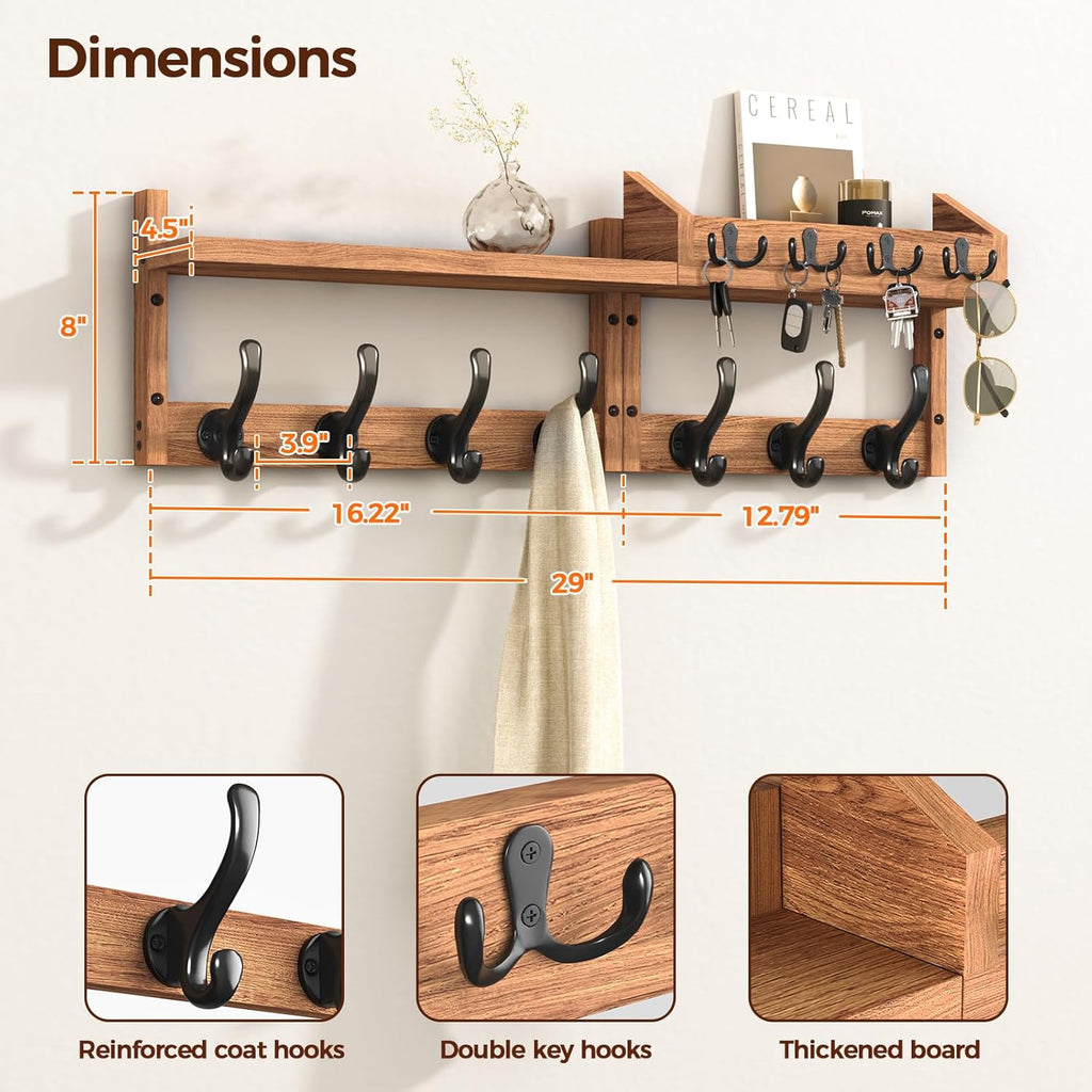 29" Coat Rack Wall Mount with Shelf, 4 in 1 Wall Mounted Coat and Key Hanger with 11 Hooks, Entryway Key Holder with