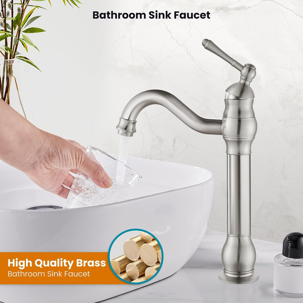 Vintage Bathroom Vessel Sink Faucet, Brushed Nickel, with Drain