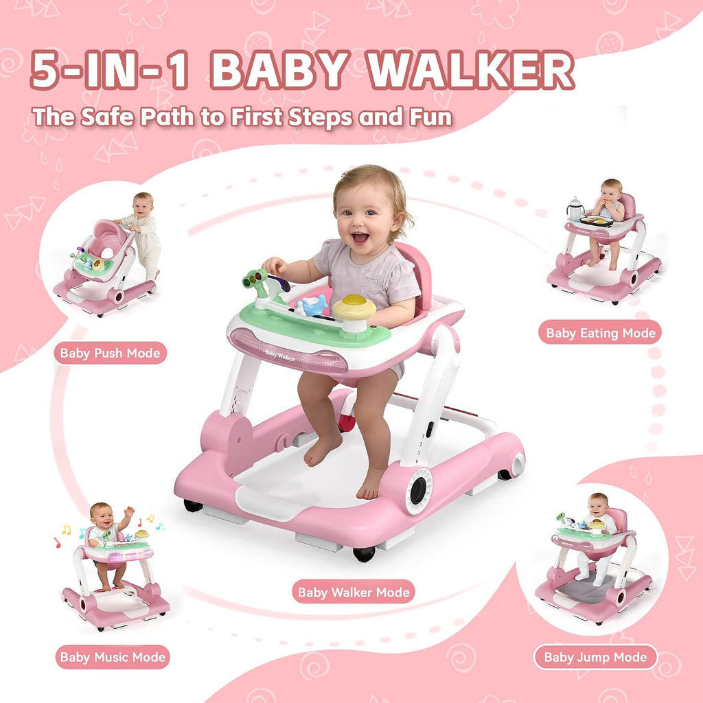Baby Walker with Wheels, 5 in 1 Walker for Baby Boy Girl 6-12 Months with Bouncer, Music and Lights Baby Jumper