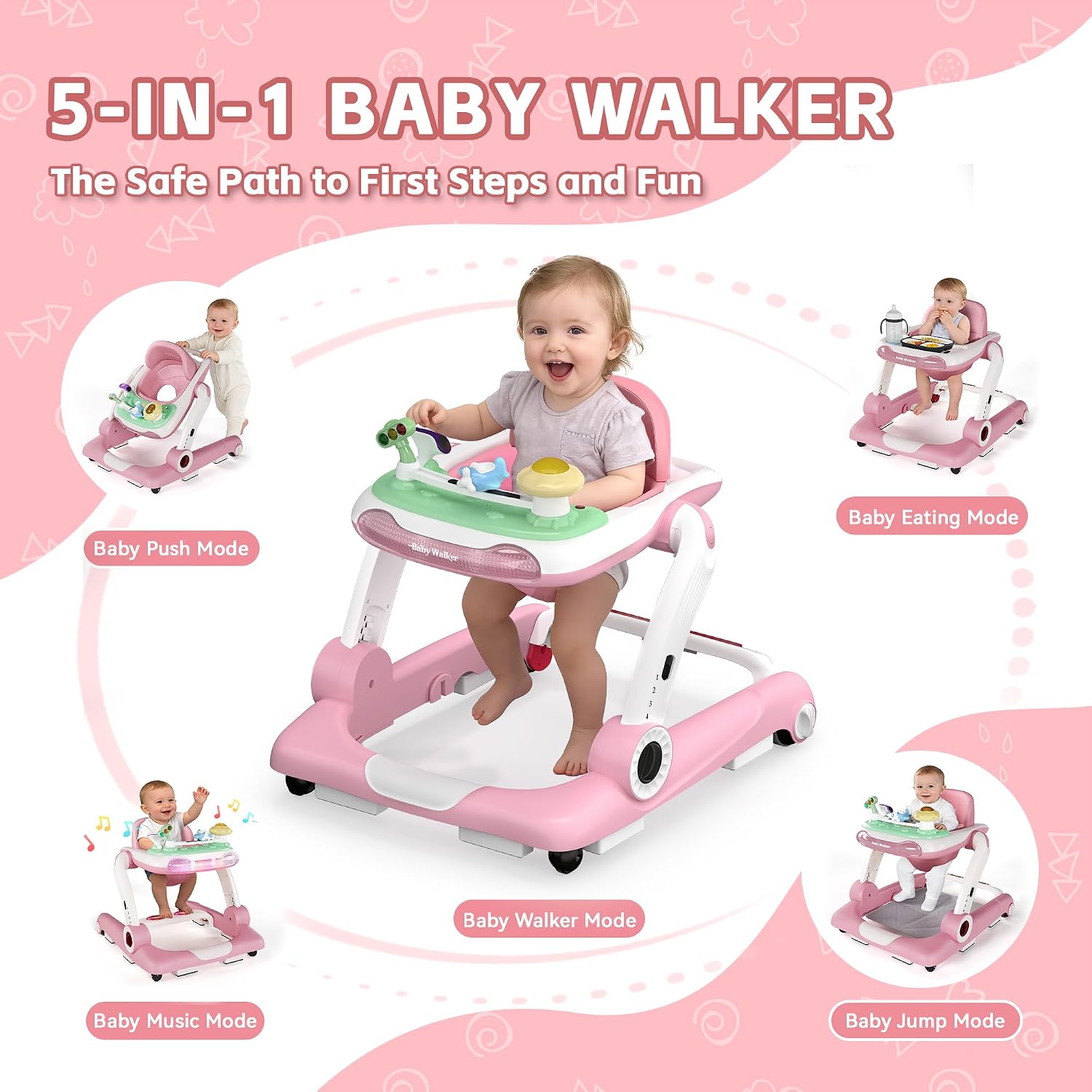 Baby Walker with Wheels, 5 in 1 Walker for Baby Boy Girl 6-12 Months with Bouncer, Music and Lights Baby Jumper